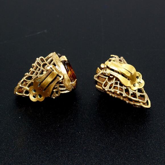 Filigree Topaz Rhinestone Clip Earrings, Large Faceted Glass Bottom, 1960s - Picture 4 of 10